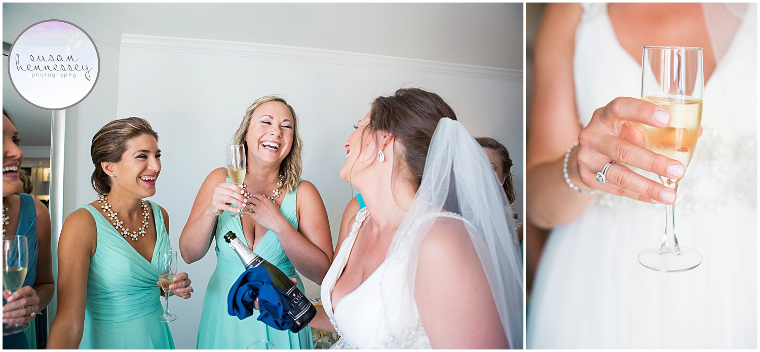 Bride and bridesmaids laugh over champagne before the ceremony.