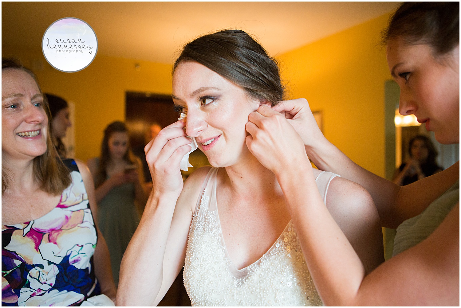 Emotional moment for bride on her wedding day while getting ready at Nassau Inn in Princeton