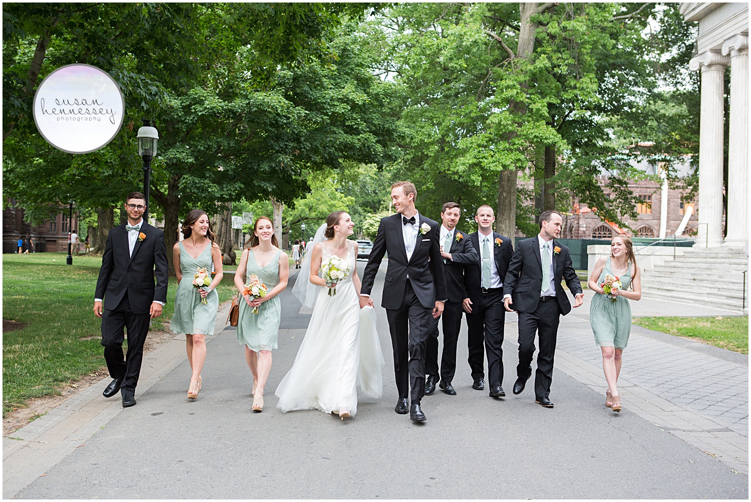 Bridal party walks through the Princeton campus right before their Triumph Brewery wedding. 