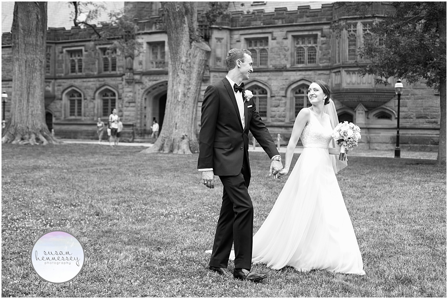 Black and white photo of a couple on the campus of Princeton university