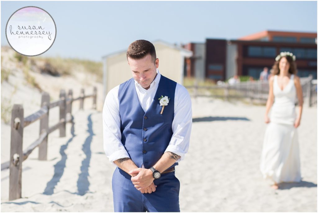 Bride and groom share first look at the Windrift Hotel in Avalon, New Jersey. 