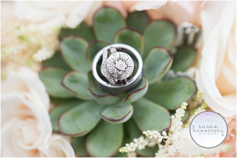 Vintage engagement ring in succulents at Jersey Shore wedding