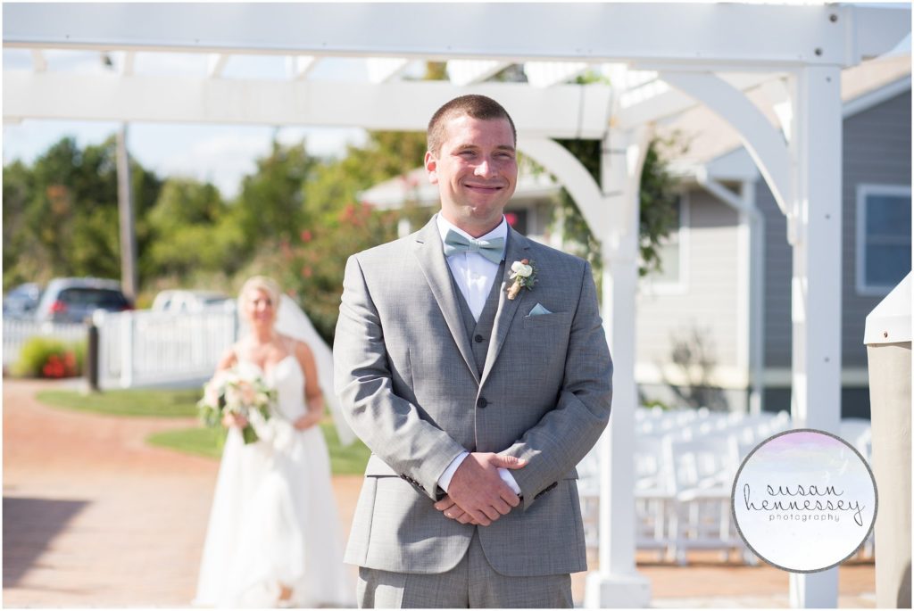 First look at dock at Martell's Waters Edge wedding