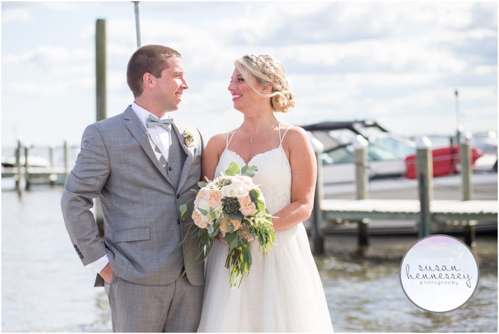 Bride and Groom on dock at Martell's Waters Edge 