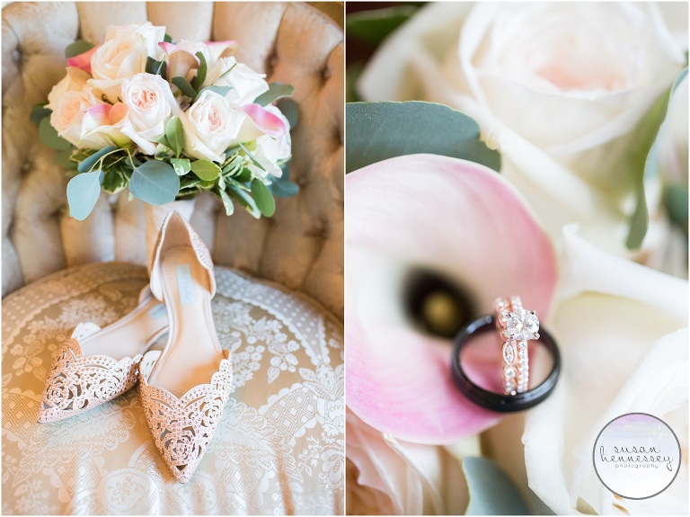 Bride's details at the Park Savoy - rings, bouquet and shoes.