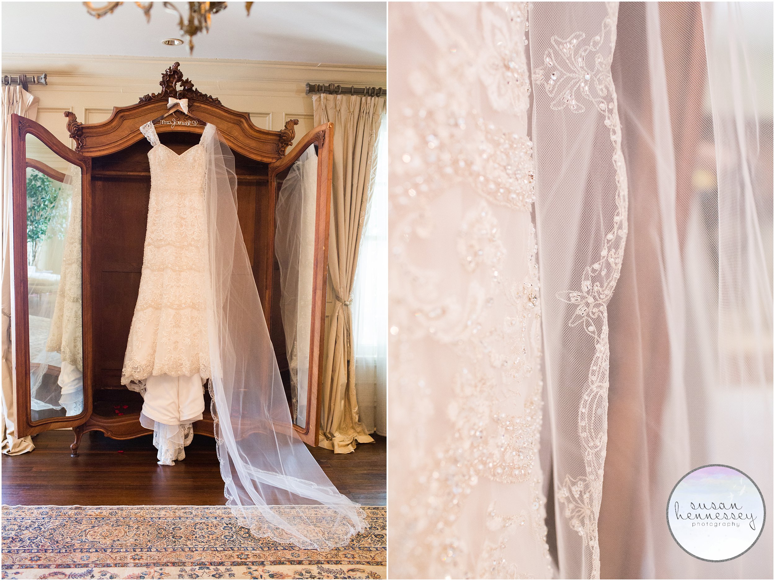 Wedding dress hanging in the bridal suite at the Park Savoy.