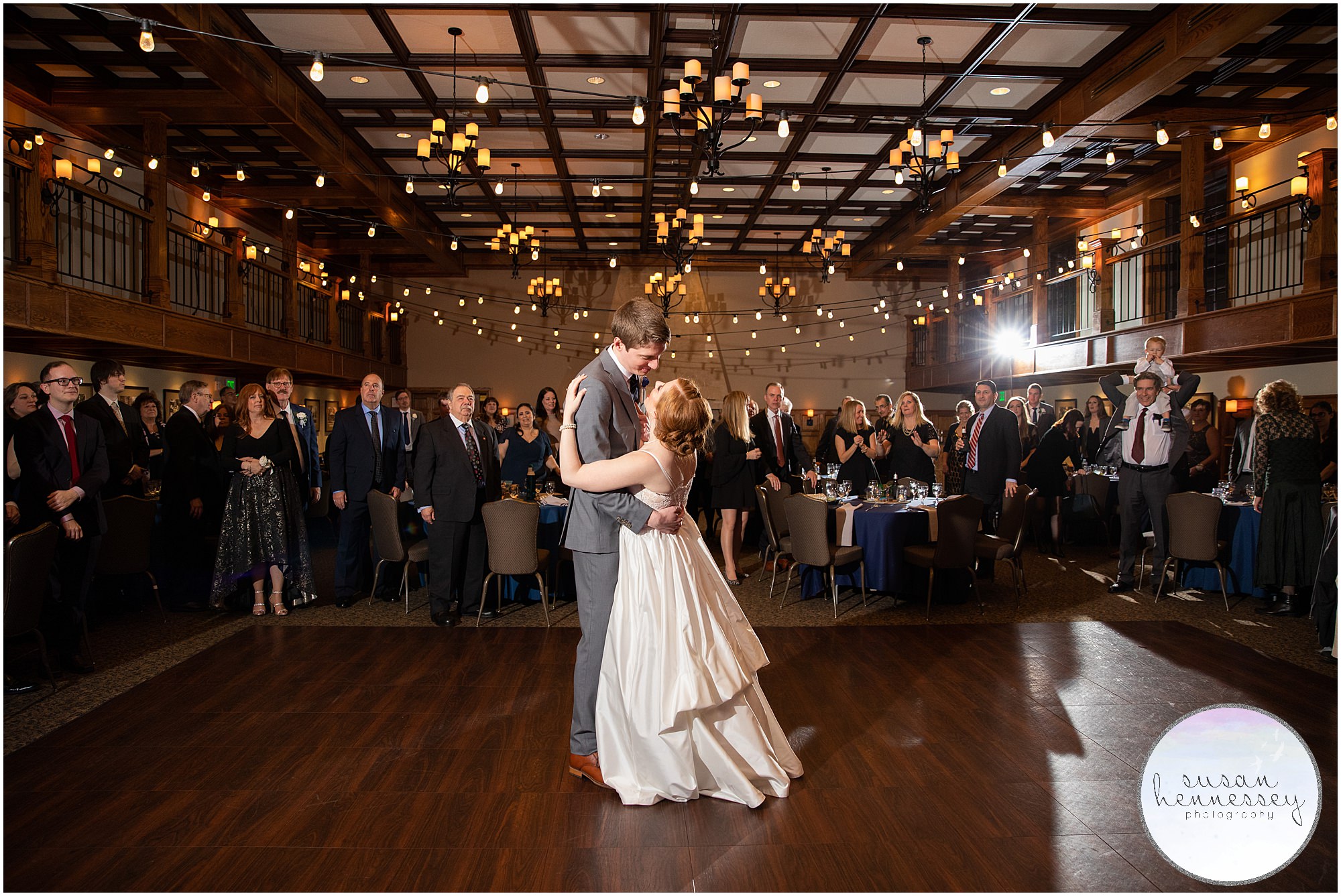 Bride and groom have their first dance in the ballroom at the Community House of Moorestown