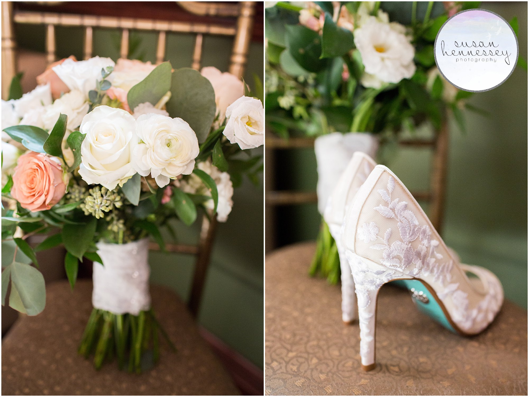 Bride's summer bouquet and Betsey Johnson wedding shoes.
