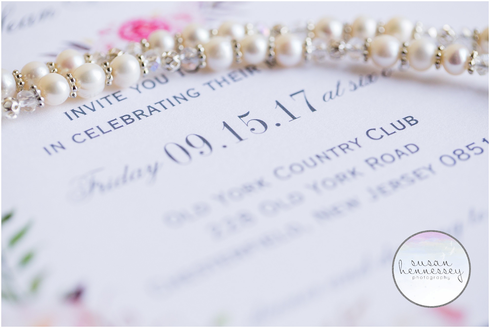 Detail of wedding invitation for Old York Country Club wedding.