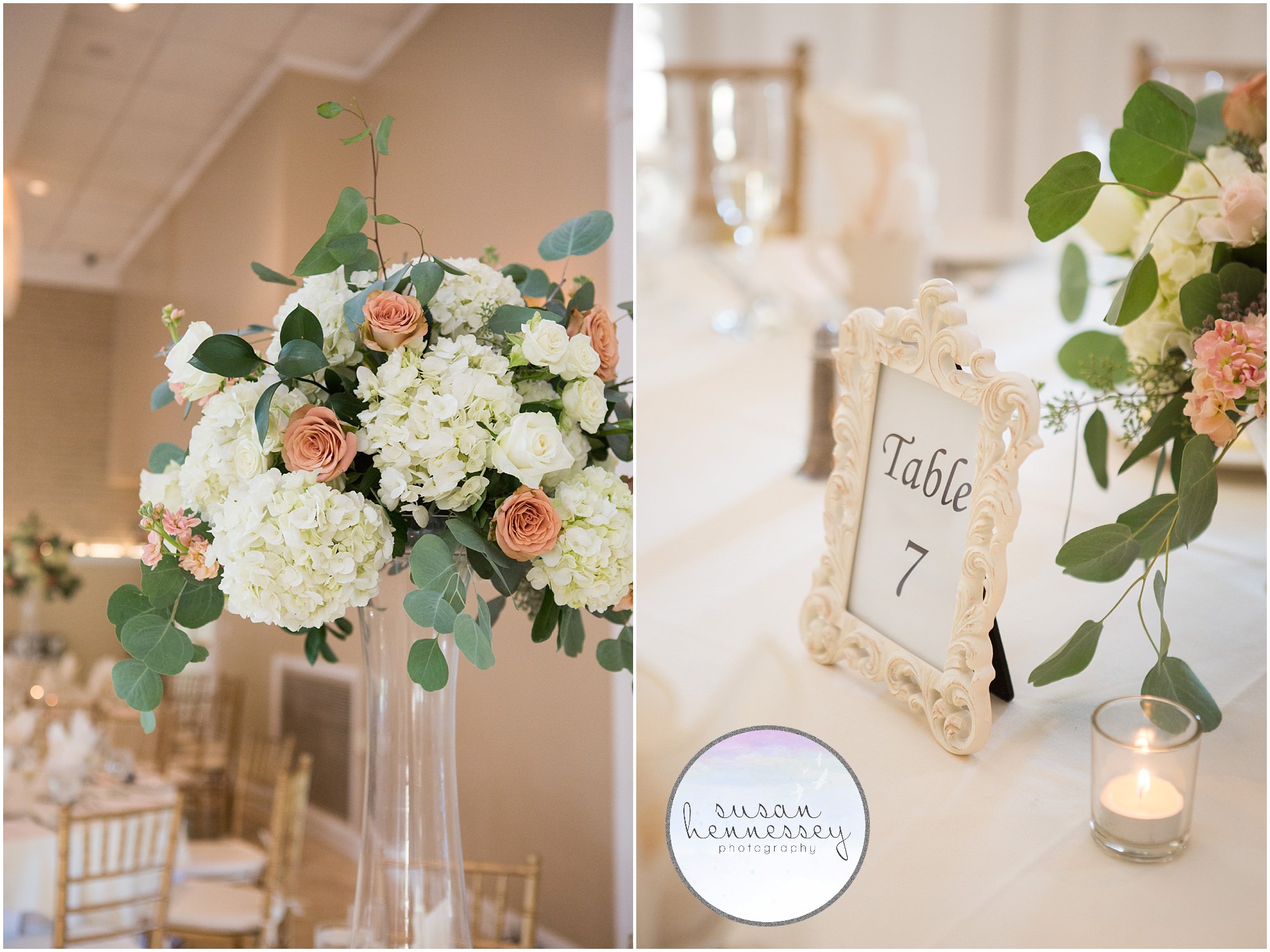 Centerpeices and table numbers at Old York Country Club wedding