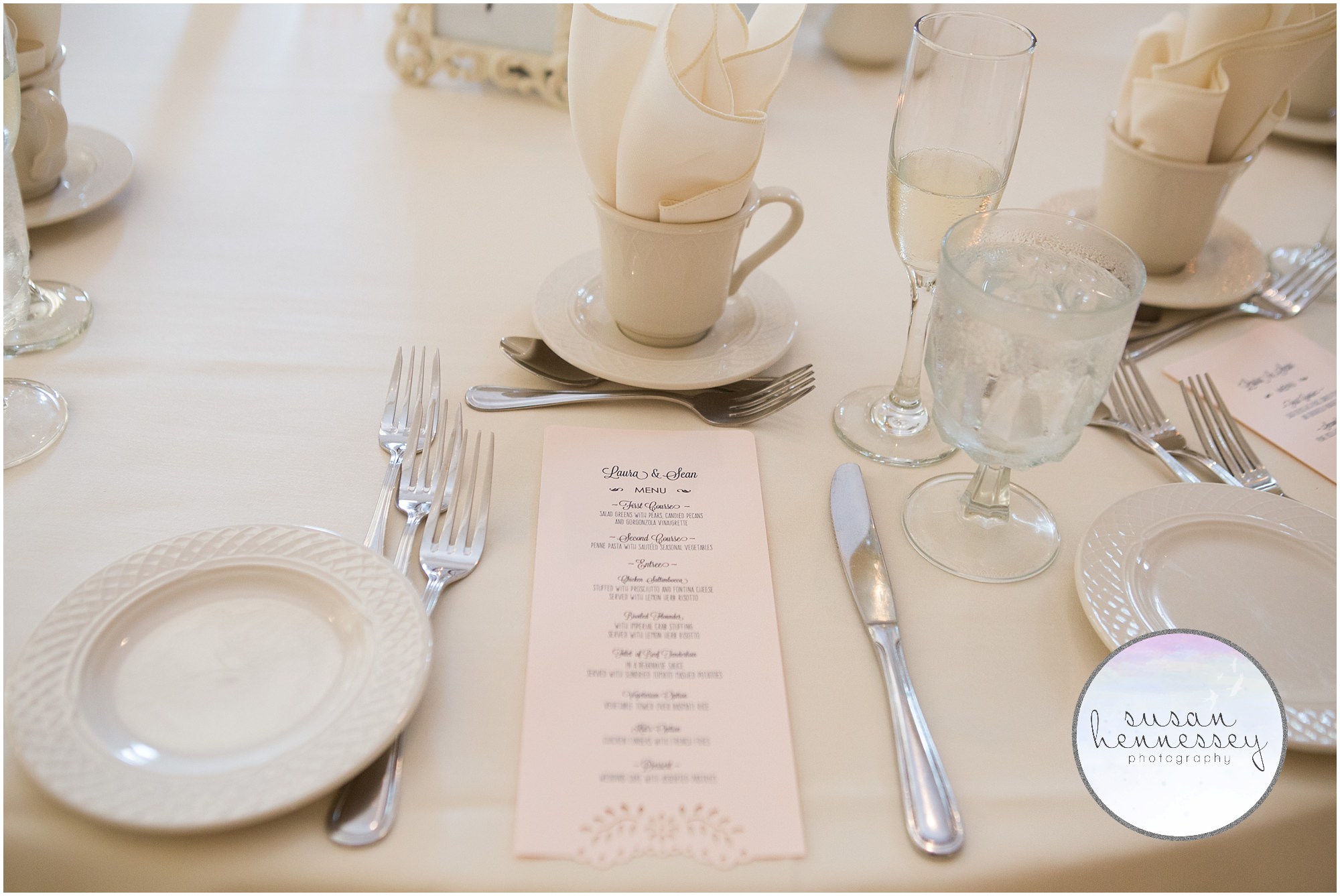 Detail of tables and dinner menus at Old York Country Club wedding