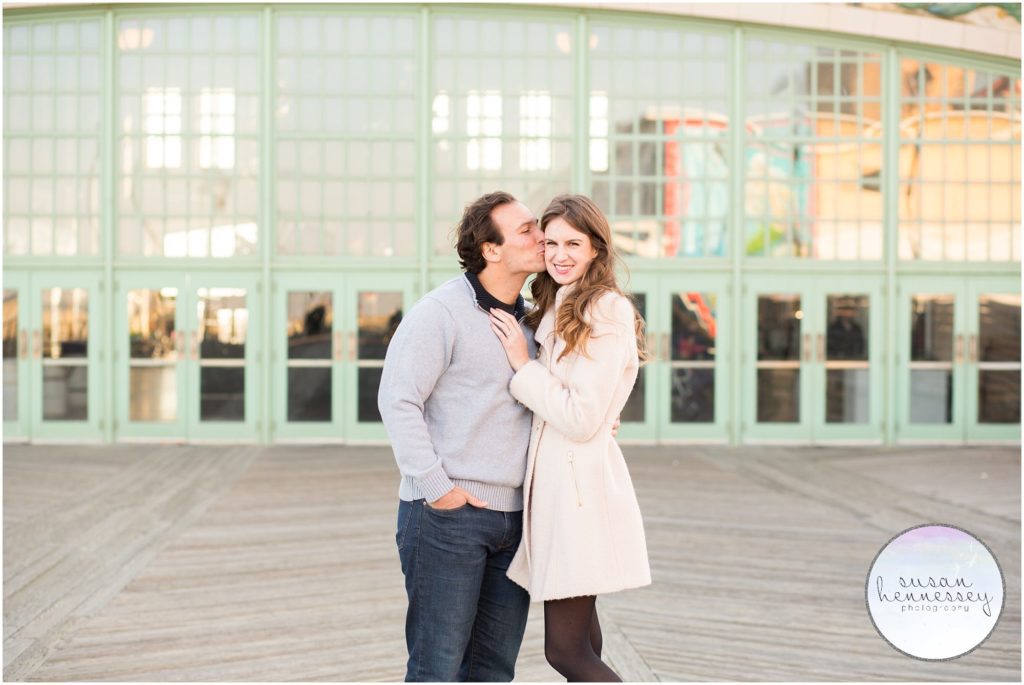 A winter engagement session on the boardwalk at Asbury park