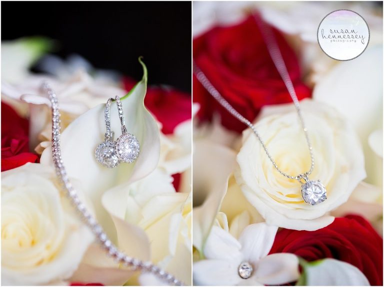 Bride's earrings, bracelet and necklace on her wedding day. 