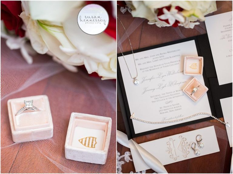 Wedding invitation, bride's jewelry and Mrs box with engagement ring. 