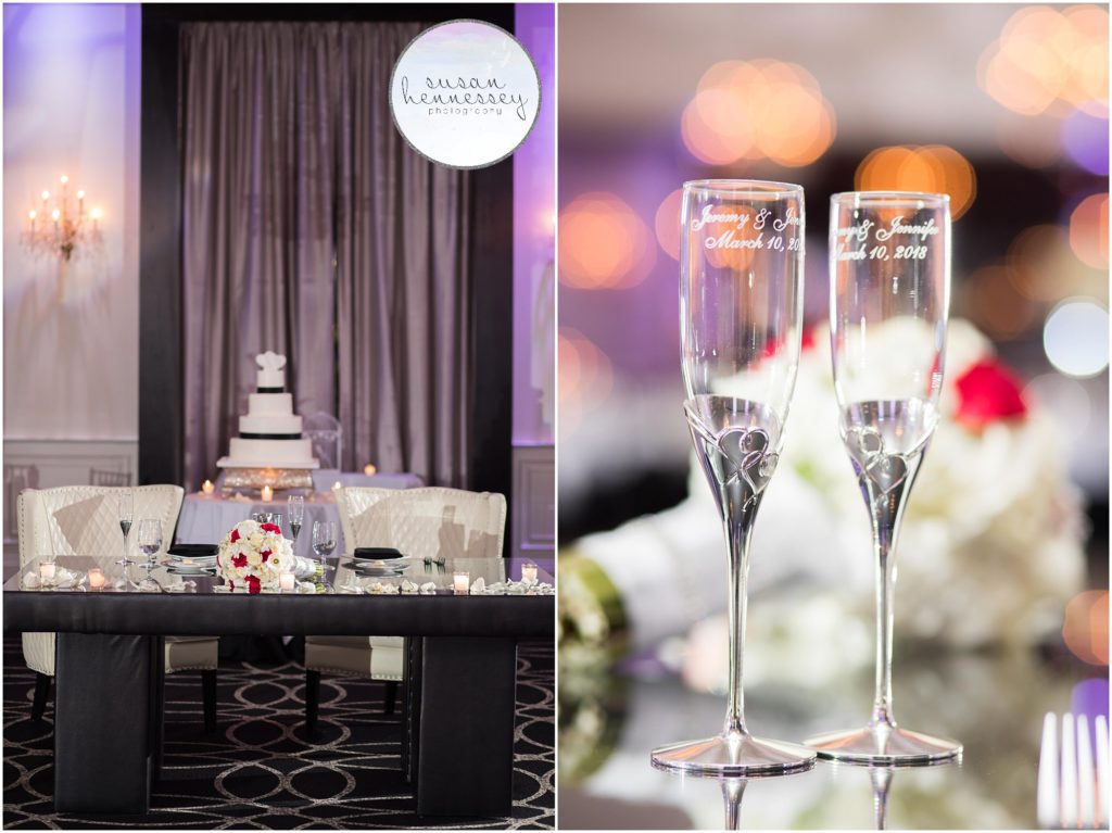Sweetheart table and champagne glasses at The Gramercy at Lakeside Manor