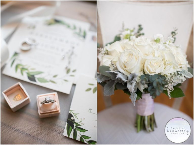 Bride's bouquet, invitations and Mrs Box - Watermill Caterers Wedding