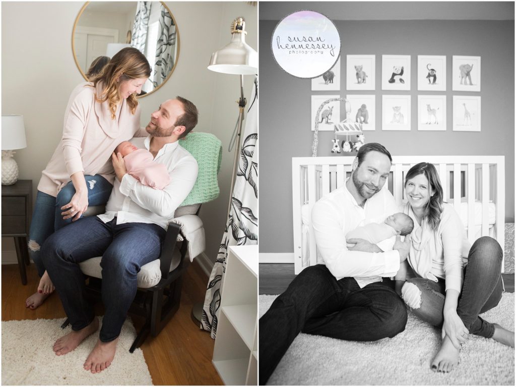 Family portrait of first time parents and their newborn in the nursery