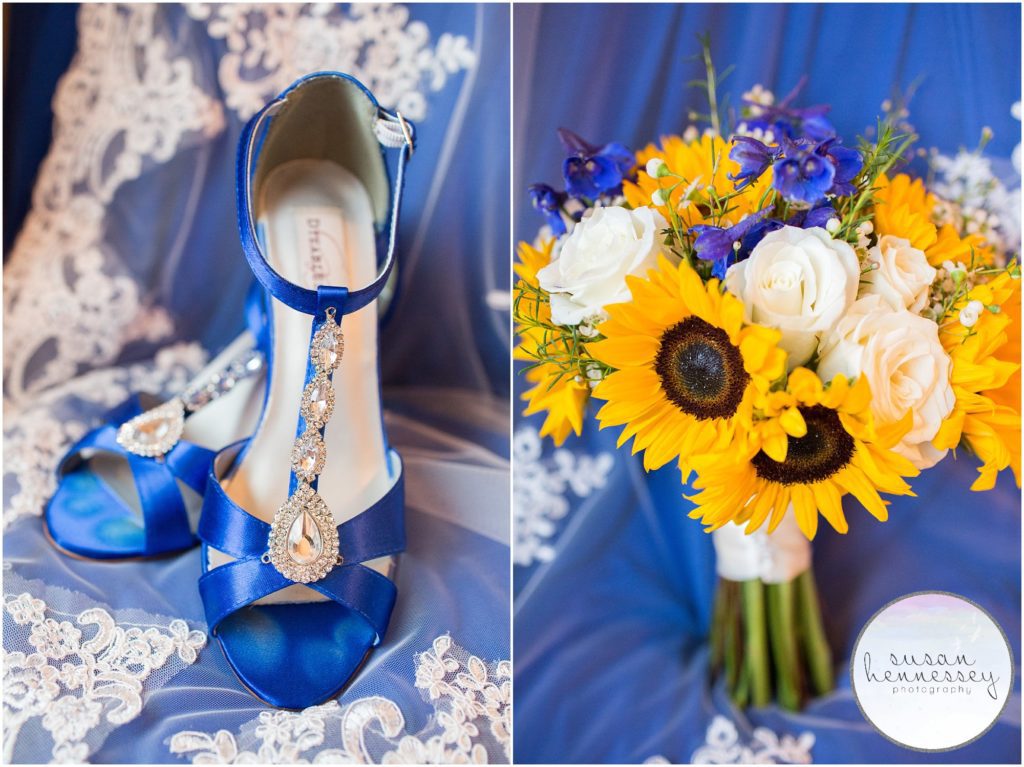 Bride's summer wedding shoes and sunflower bouquet.