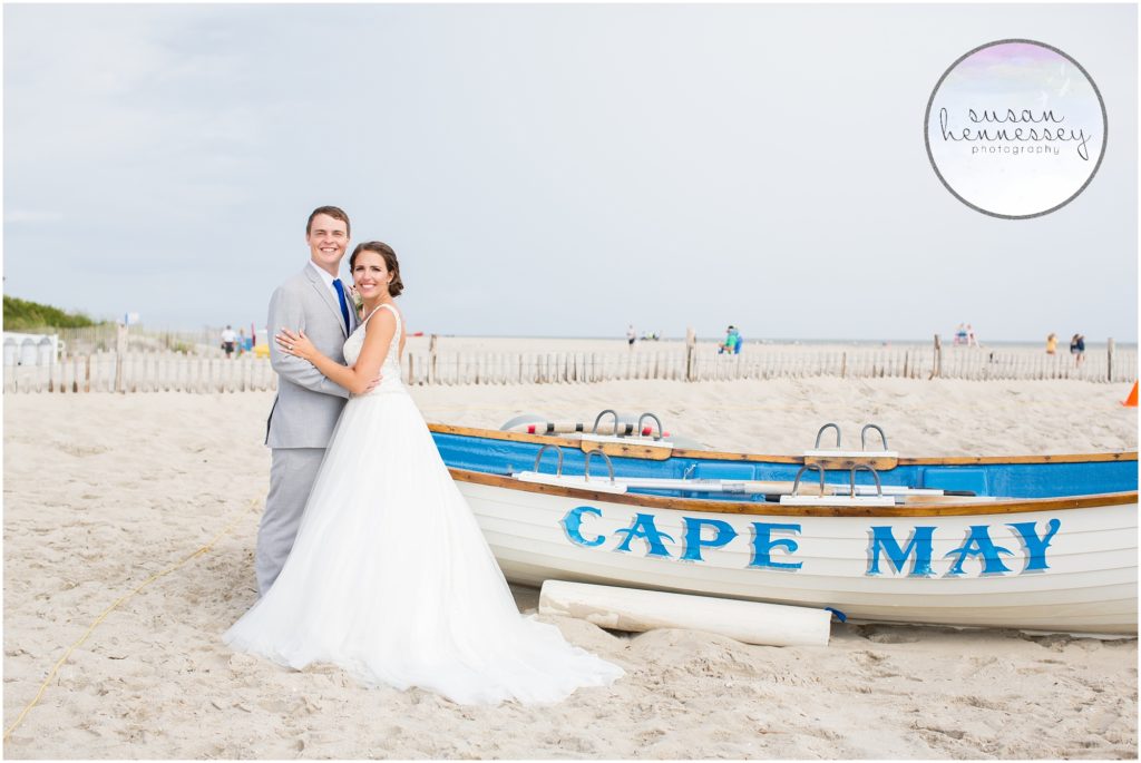 Bride and groom and Cape May rescue boat.