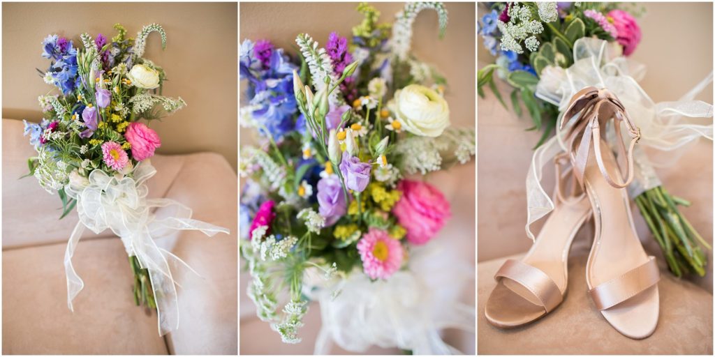 Detail of bride's shoes and bouquet. 