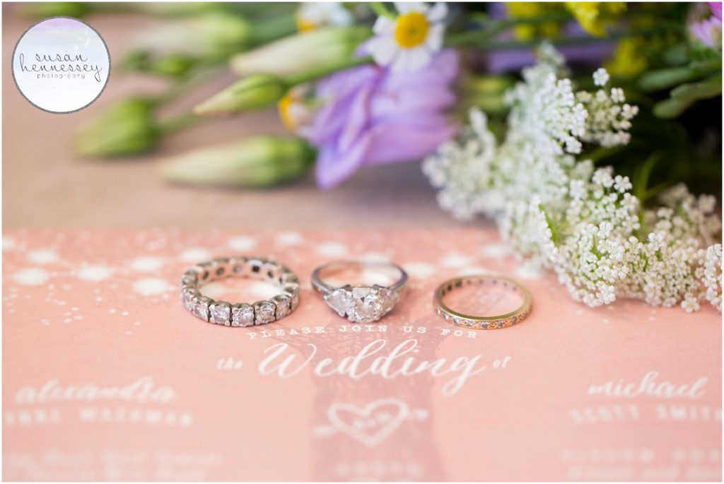 Bride's rings on wedding invitation. 