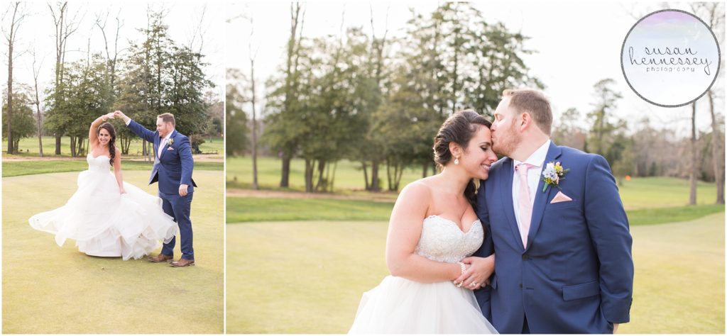 Sunset portraits of bride and groom at Running Deer Golf Club