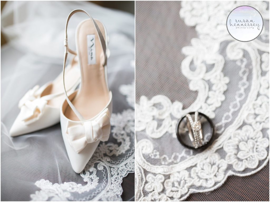 Bride's shoes and wedding bands on the wedding day.