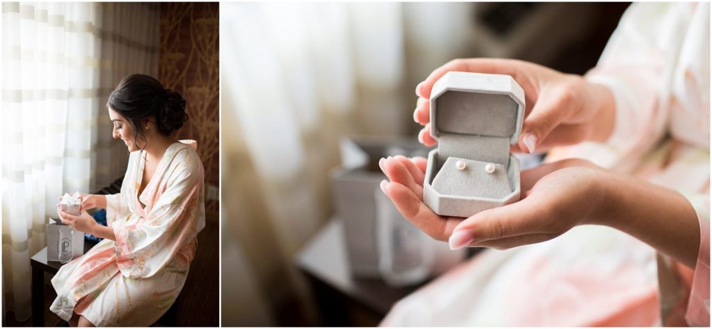 Bride opens wedding day gift from groom on their day wedding. 