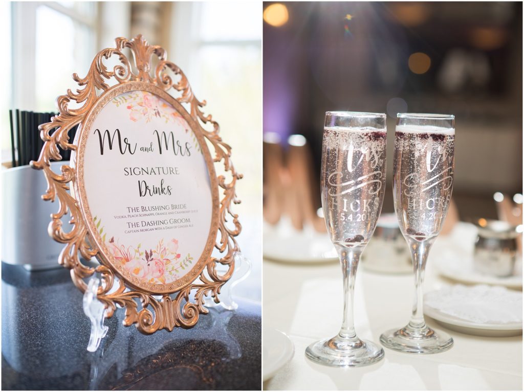Signature drinks and Bride and Groom champagne flutes at Scotland Run Golf Club wedding