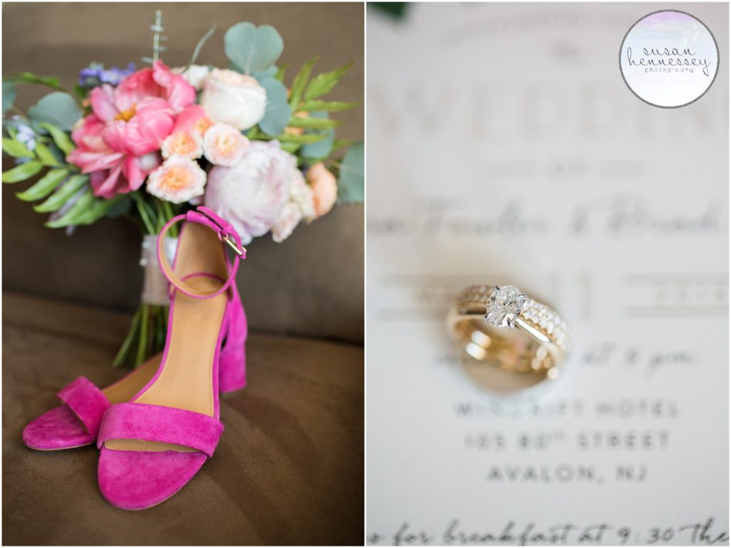 Bride's J. Crew pink shoes, bouquet and wedding bands