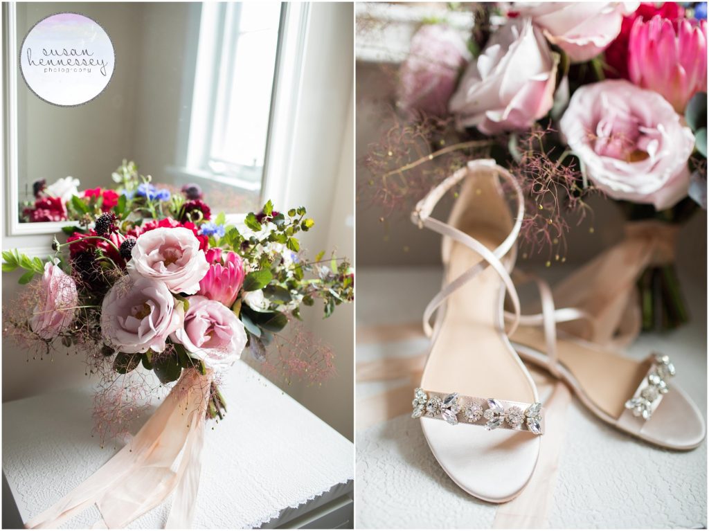 Bride's bouquet and wedding day shoes.