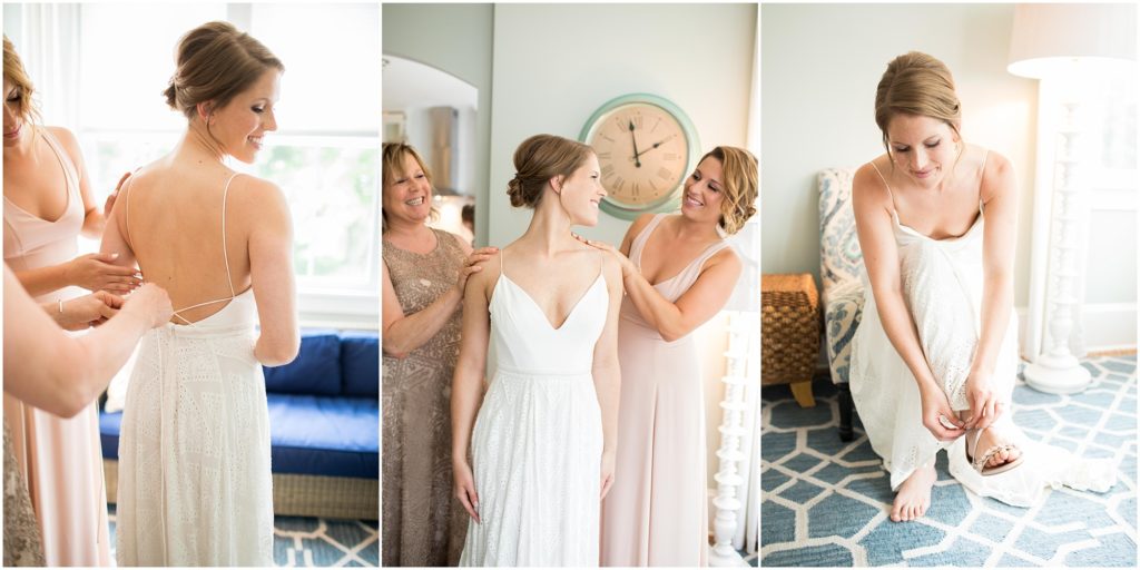 Bride gets dressed for her Willow Creek Winery wedding