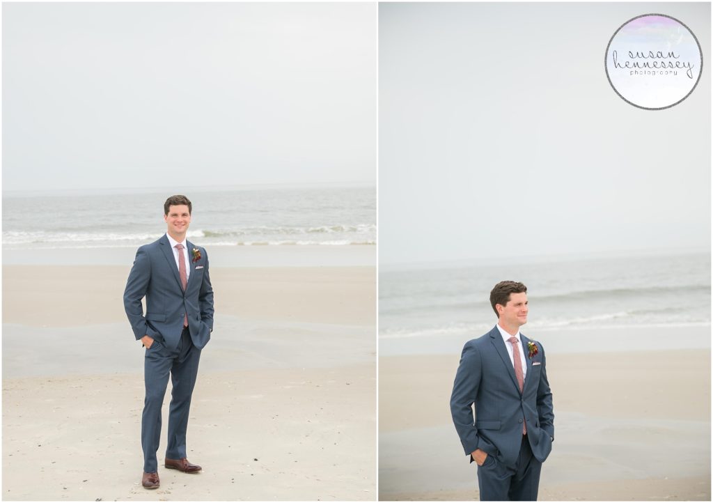Groom portraits on the beach in Cape May