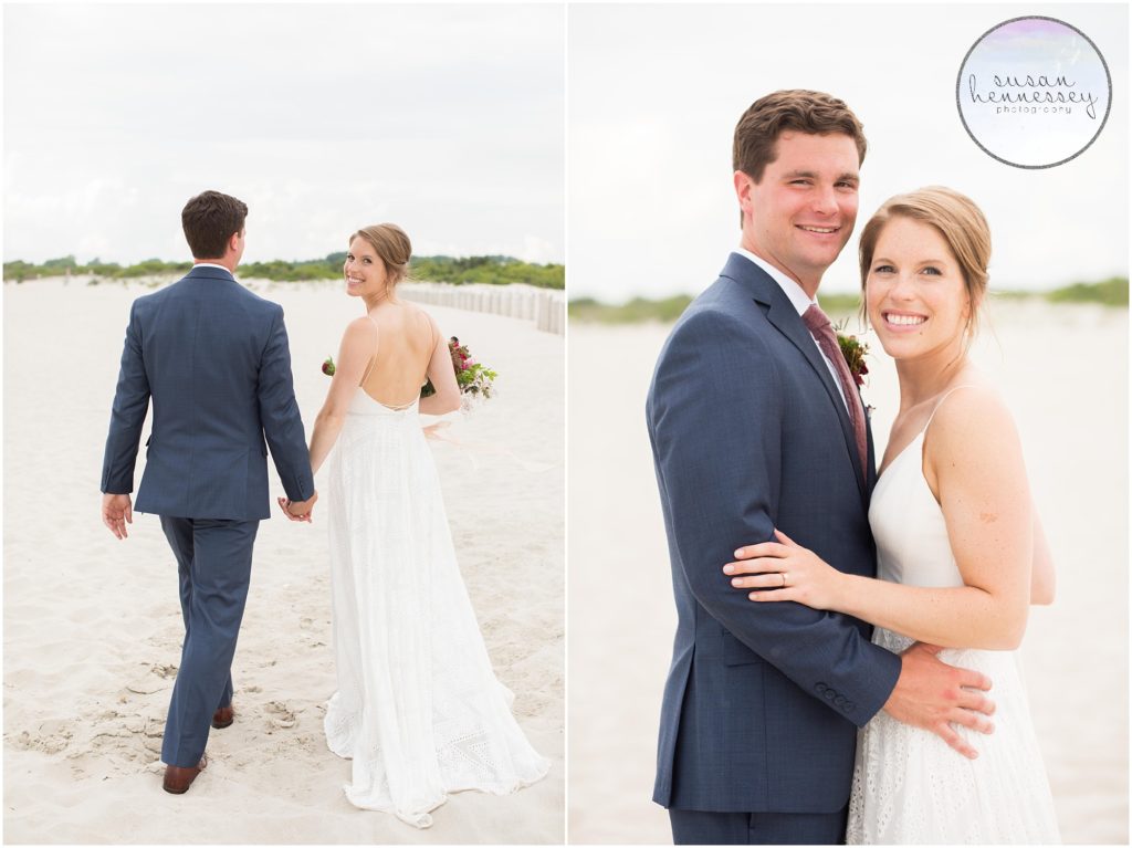 Bride and groom on the beach at their cape may wedding