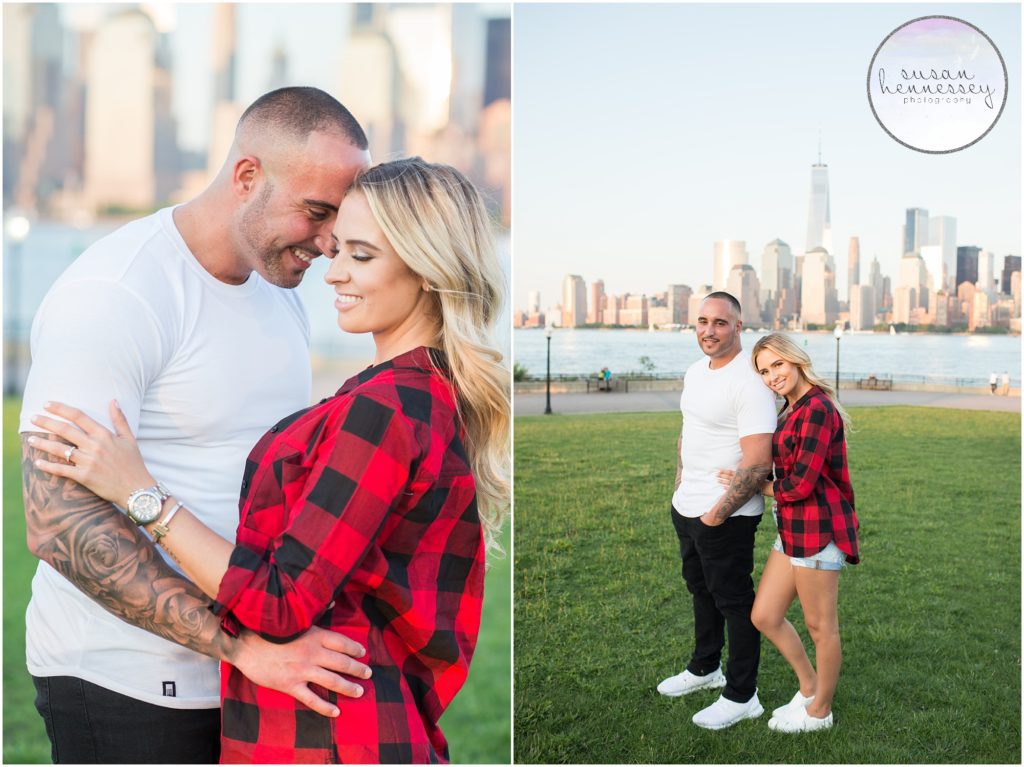 Engagement session with couple posing in front of the new york city skyline in background