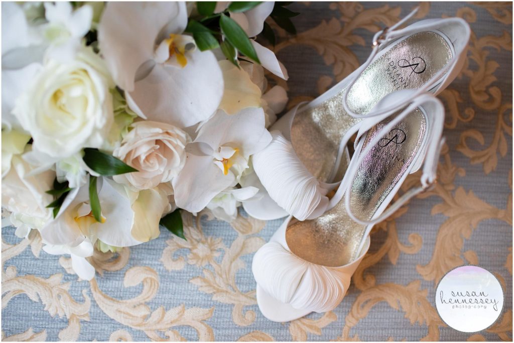 Bride's bouquet and Adrianna Pappell wedding shoes.