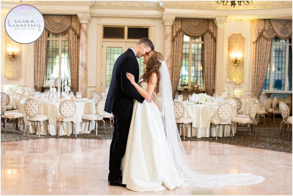 Ballroom portraits of bride and groom at pleasantdale chateau wedding