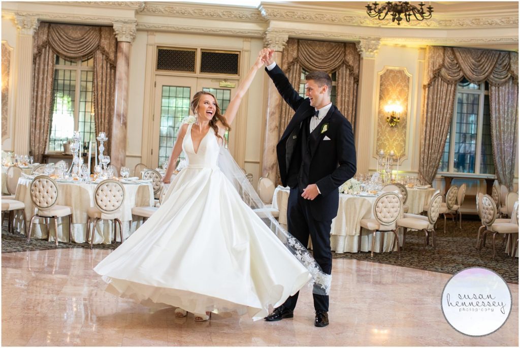 Ballroom portraits of bride and groom at pleasantdale chateau wedding