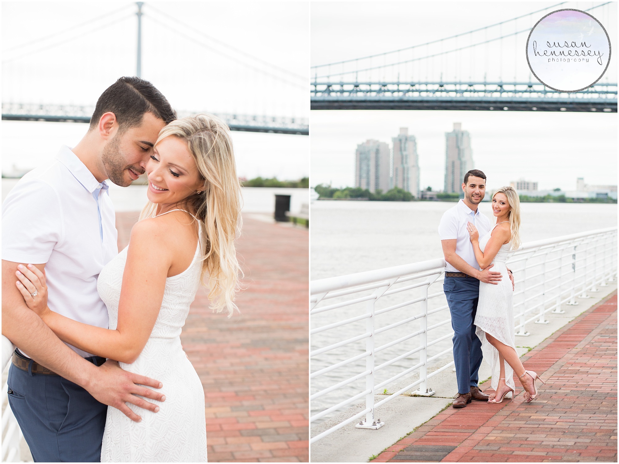 Engagement Session on the River overlooking the Benjamin Franklin Bridge
