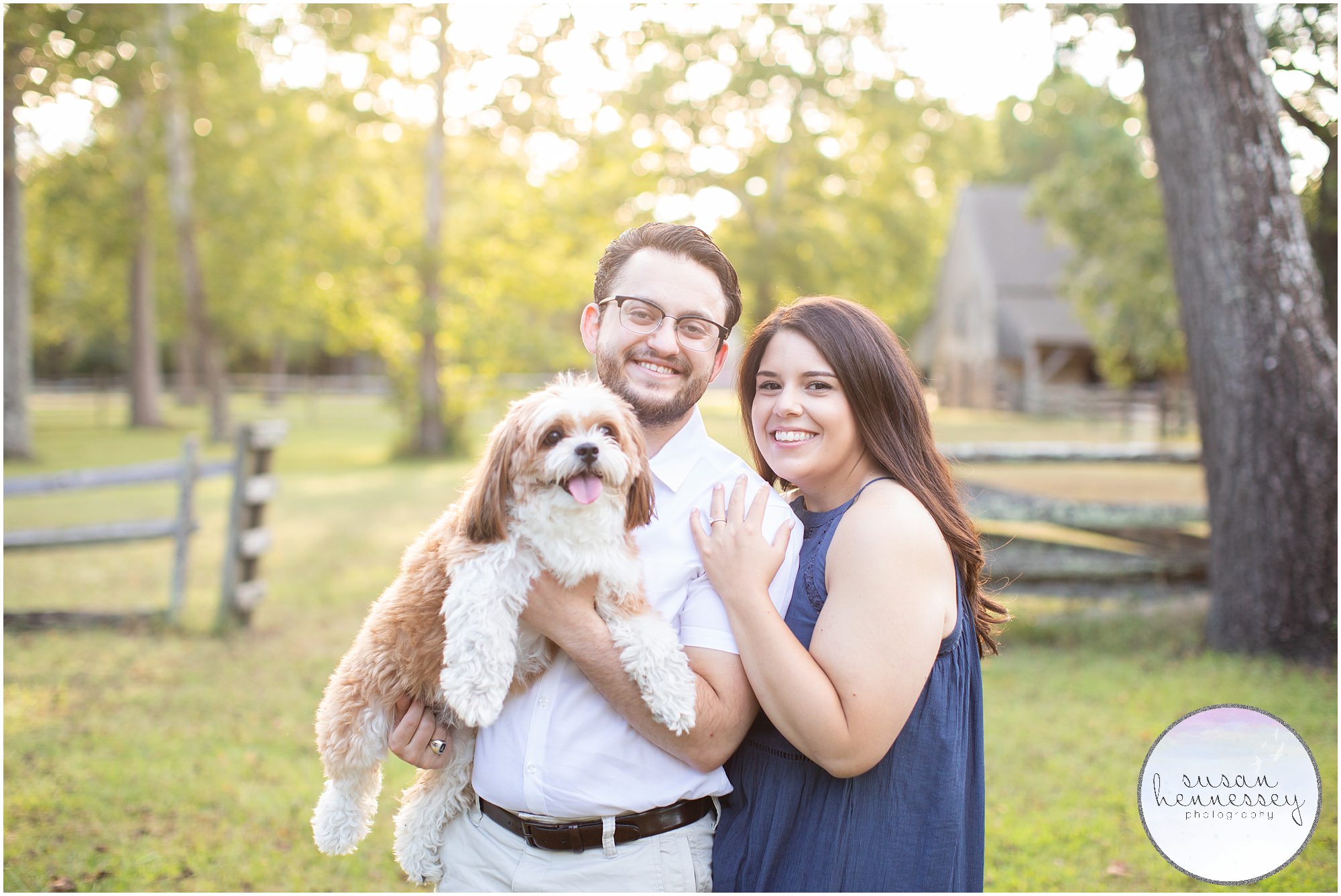 A couple and their dog at their Batsto Village Engagement Session