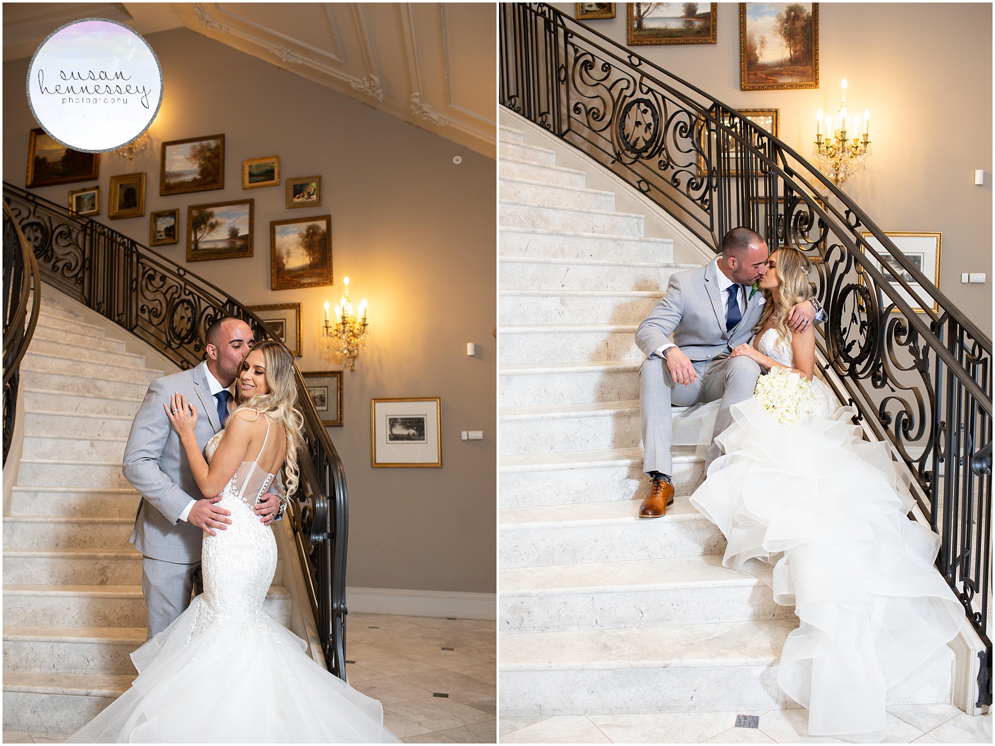 Bride and groom on staircase at the elegant and romantic Park Chateau.