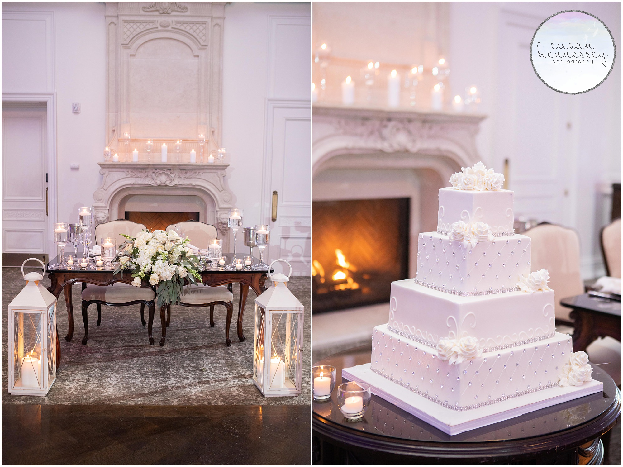 The sweetheart table and wedding cake.