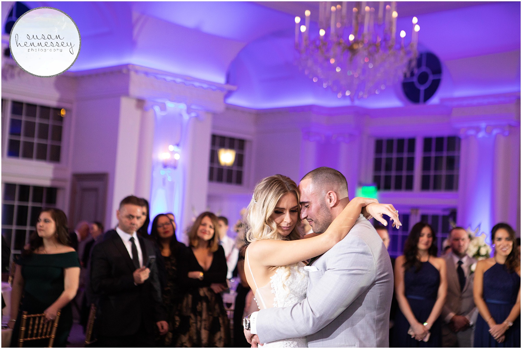 First dance for bride and groom at their elegant winter wedding