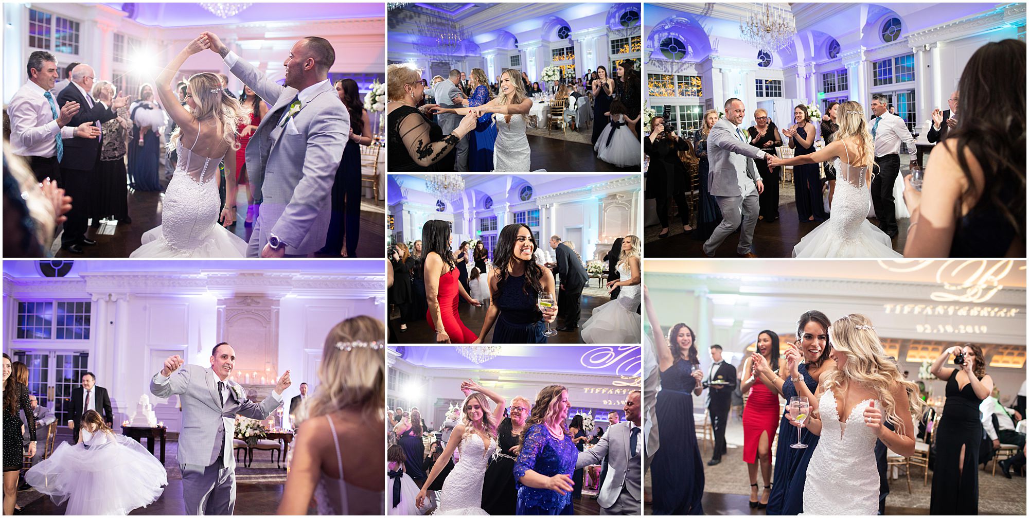 A bride and groom and their guests party at their wedding reception!