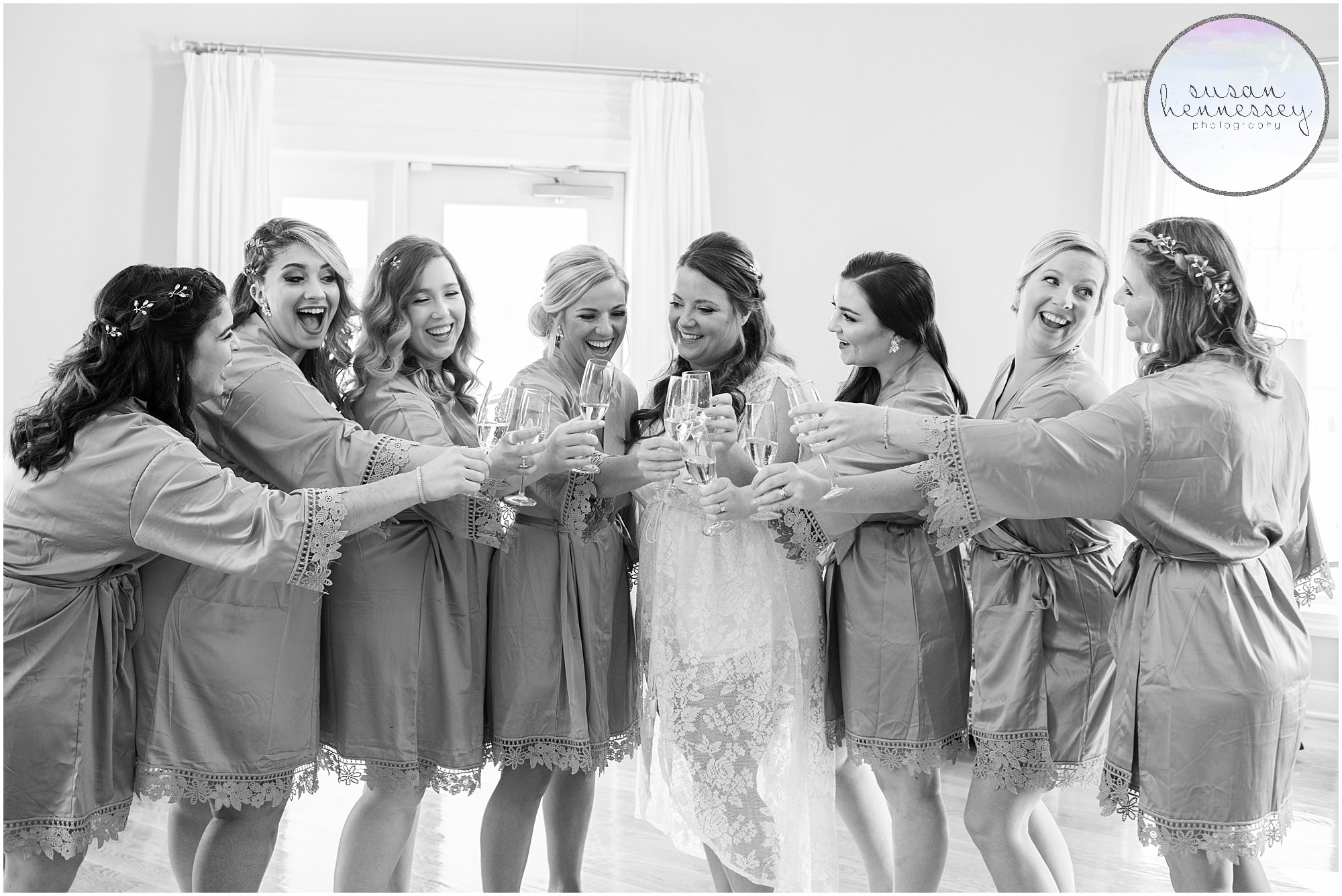 bridesmaids and the bride cheers