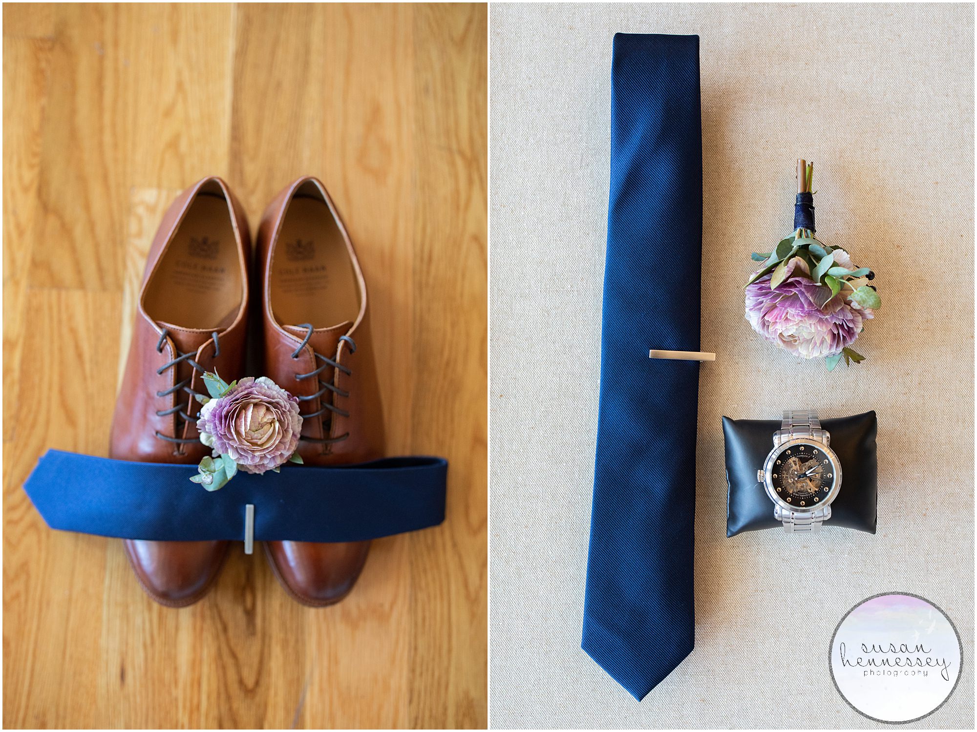 grooms shoes, tie, watch and boutonniere