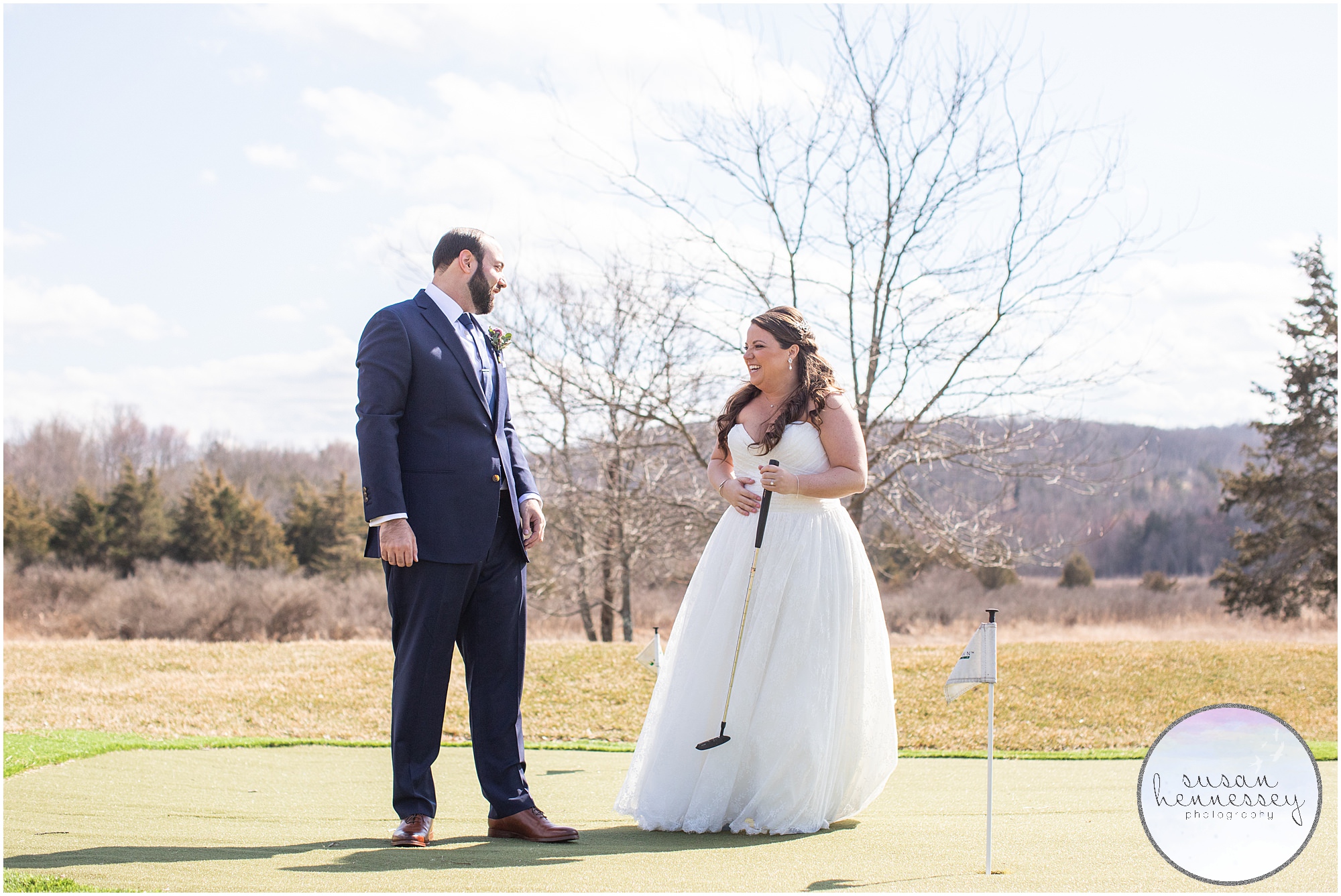 couple playing miniature golf at their wedding
