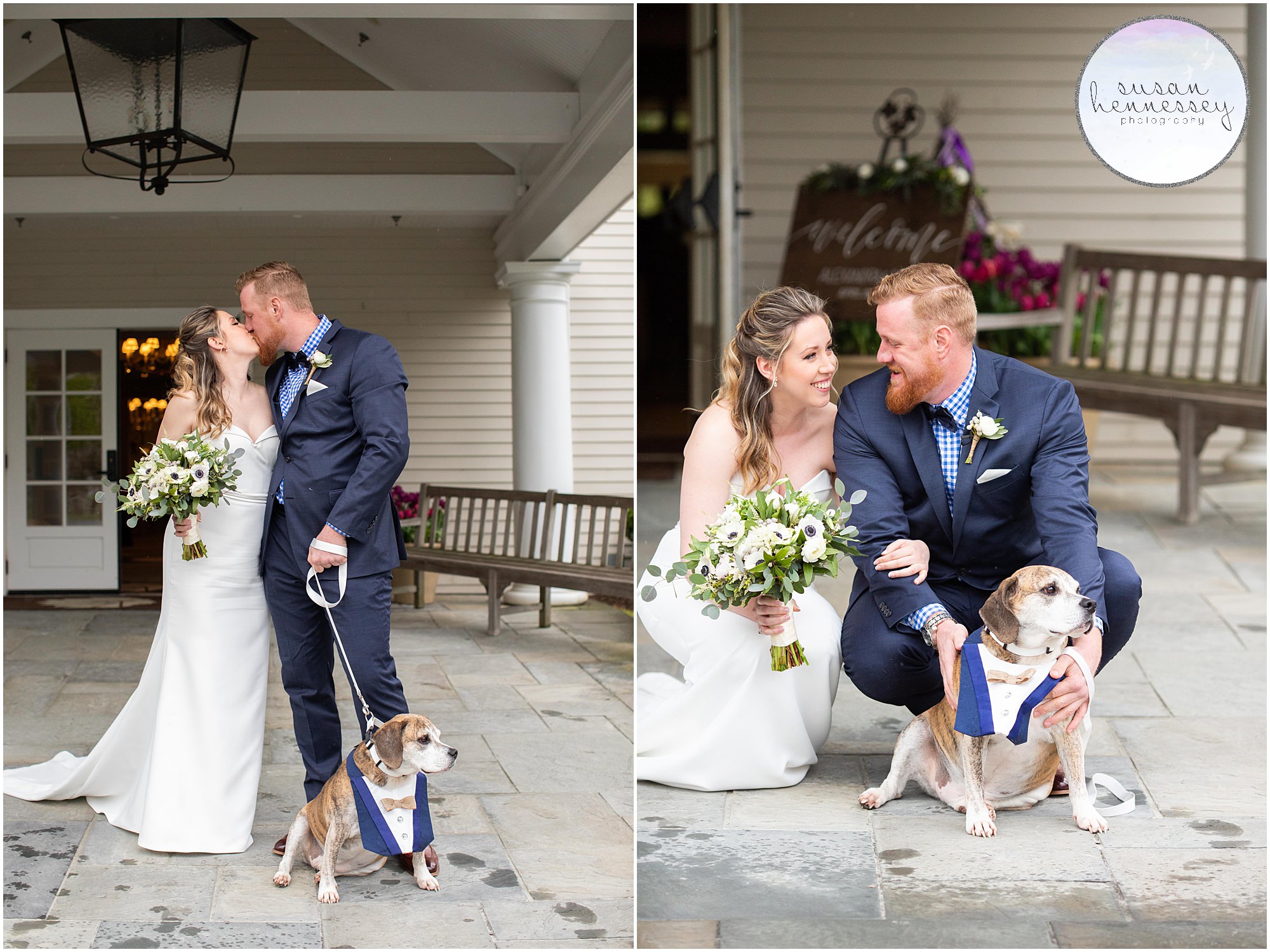 A Bride and groom and their dog at their indian trail club wedding