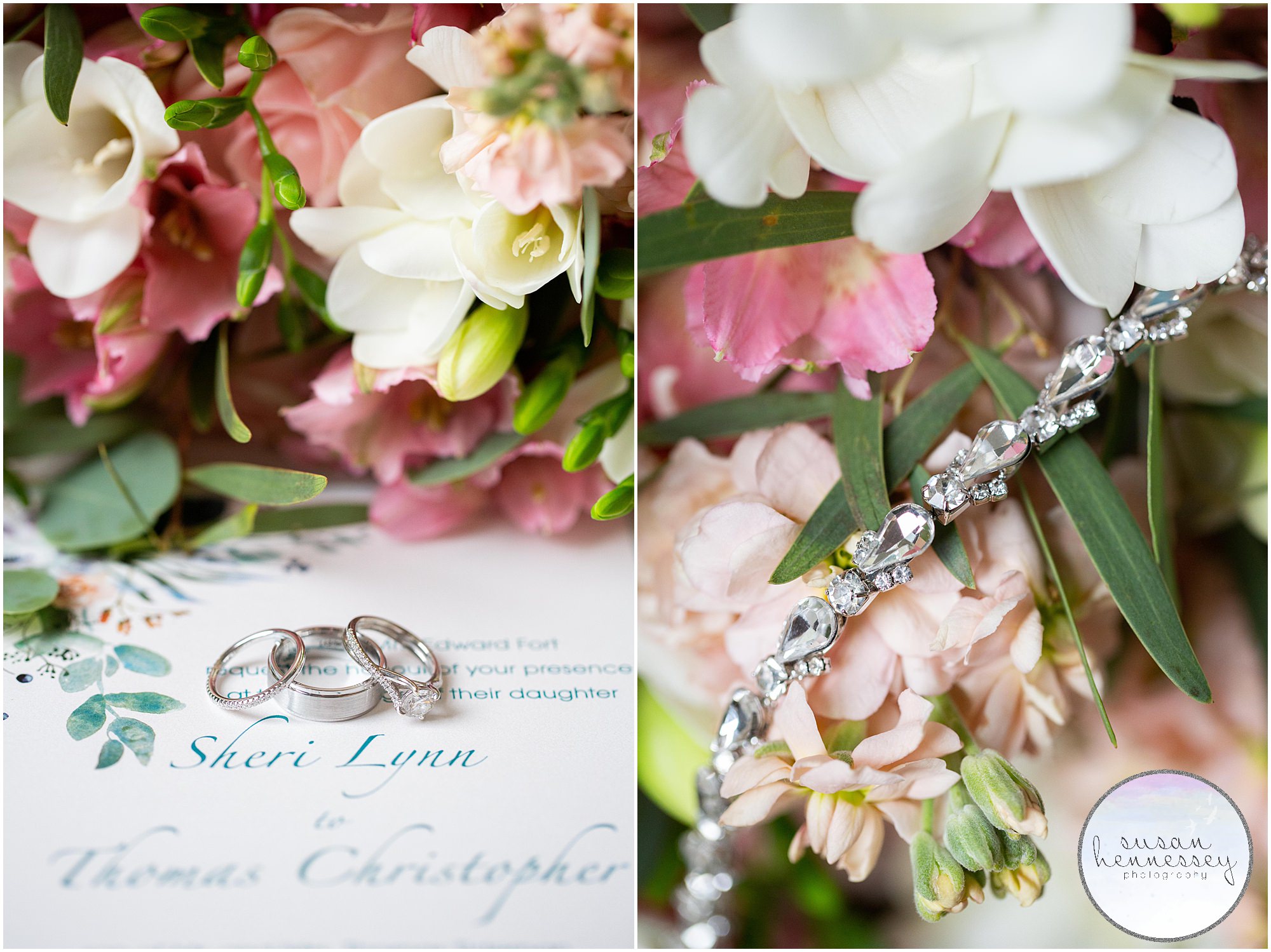 detail photo of wedding invitation with wedding rings, bouquet and bride's bracelet.