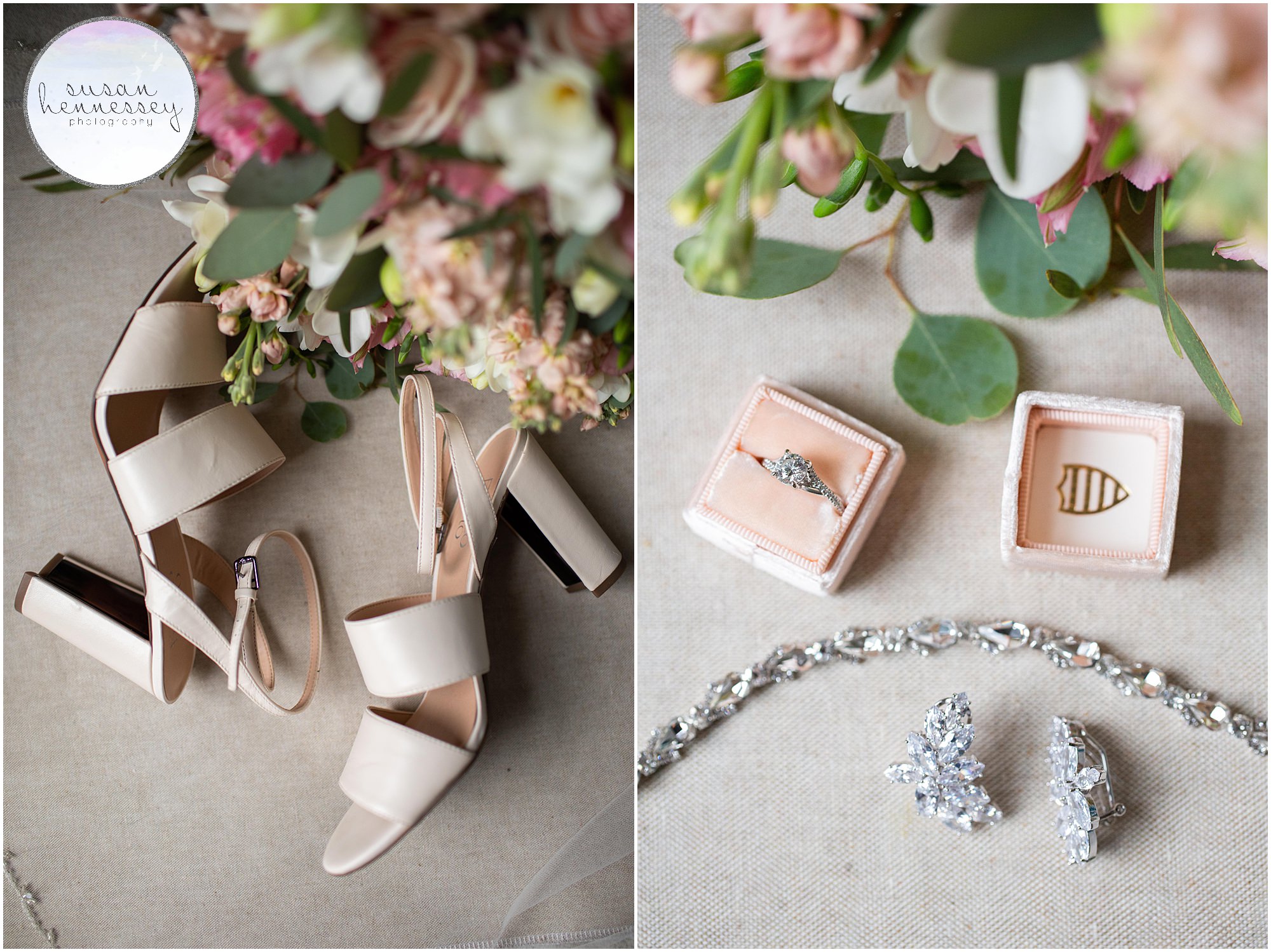 Detail photo of bride's shoes, bouquet, engagement ring in ring box, bracelet and earrings. 